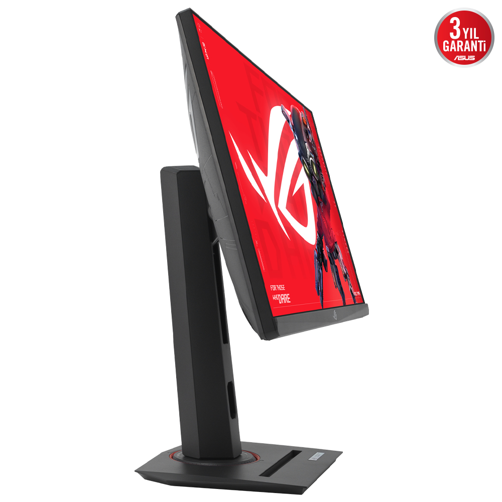 Asus monitör bir stand üzerinde, açılı görünüm. Kırmızı arka plan, grafik, metin: For Those Who Dare.