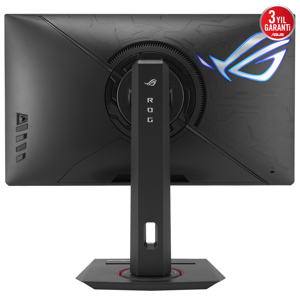 Siyah bir ROG monitörün, standı ve mavi bir ışıltıyla ROG logosu bulunan arkası.