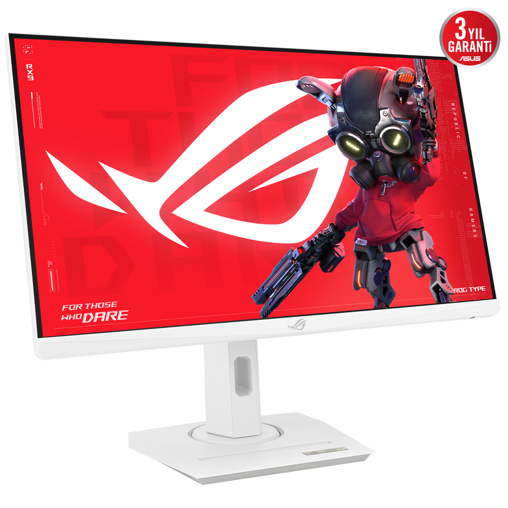 Kırmızı arka plan ve robot illüstrasyonlu beyaz oyun monitörü.