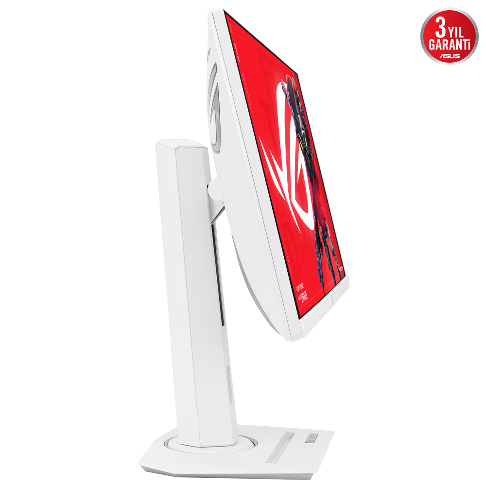Kırmızı ekranlı beyaz bilgisayar monitörü. Beyaz stand. Beyaz arka plan.