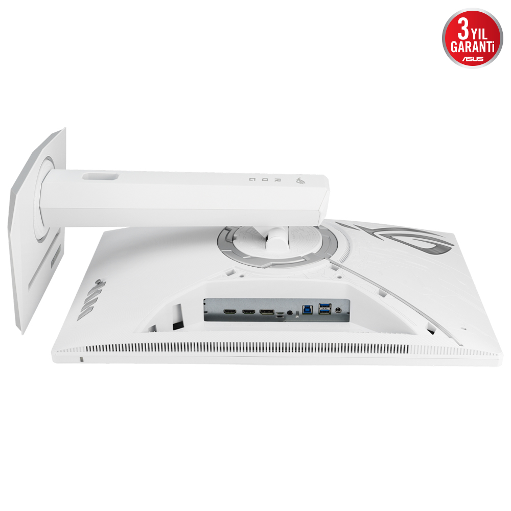 Beyaz bir ASUS oyun monitörünün arkası, bağlantı noktaları, bir stand ve ASUS logosu ile.