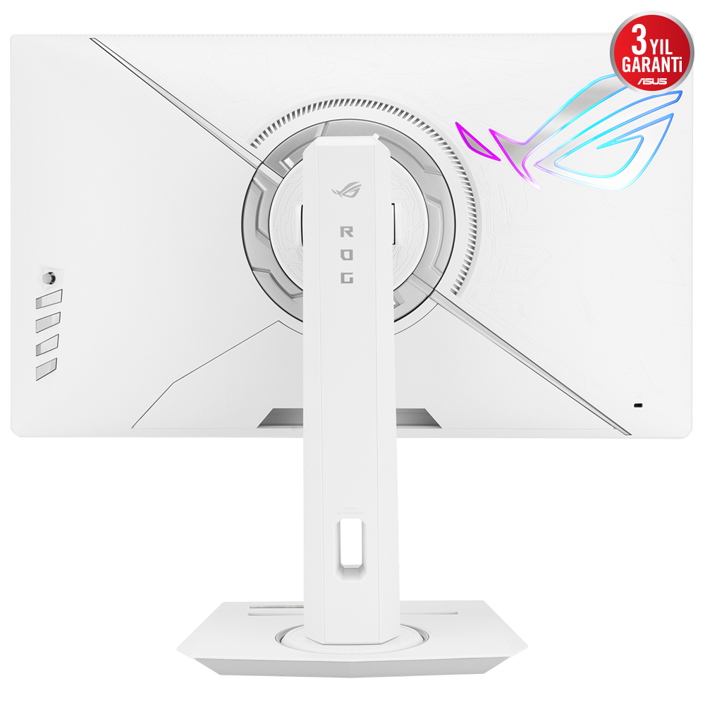 Standlı beyaz bilgisayar monitörü arkadan. ROG logosu ve 3 yıl garantisi var.