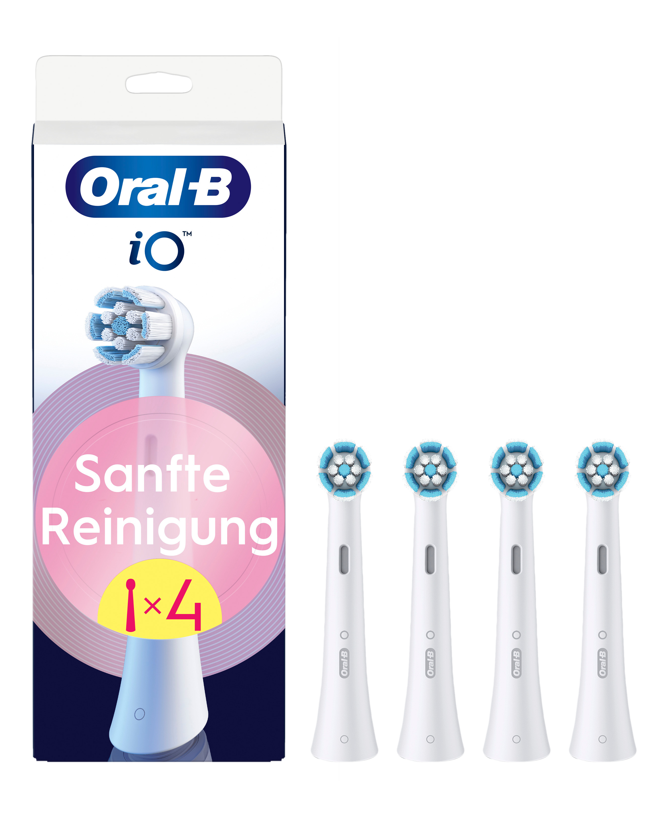 Un paquet de têtes de brosse à dents Oral-B iO et quatre têtes de rechange à droite.