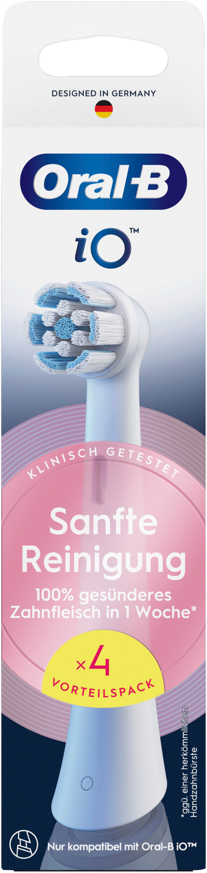 Emballage de tête de brosse à dents Oral-B iO avec texte et une tête.