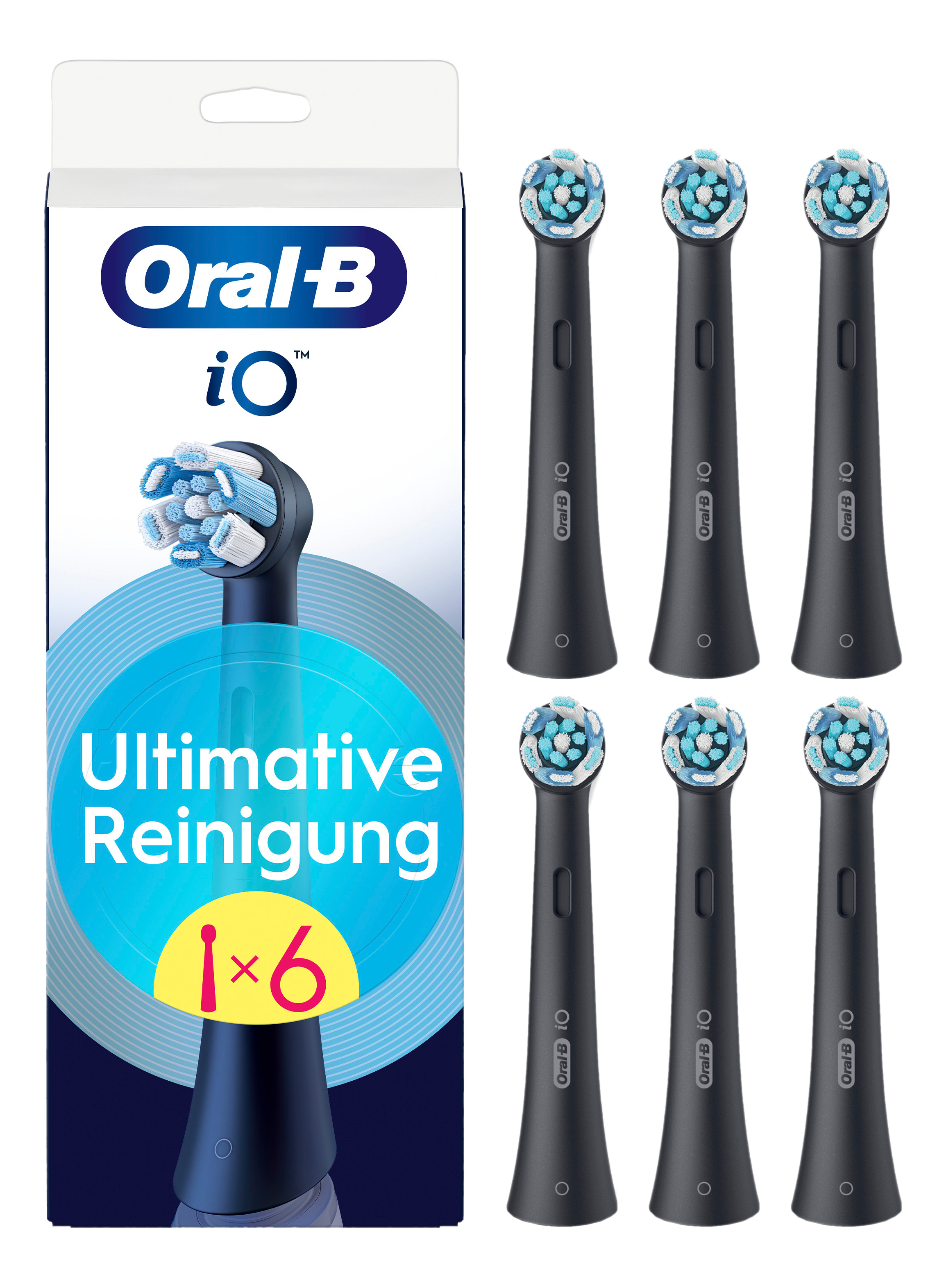 Verpackung von Oral-B iO Zahnbürstenköpfen. Sie zeigt die Köpfe sowie Marken- und Produktinformationen.