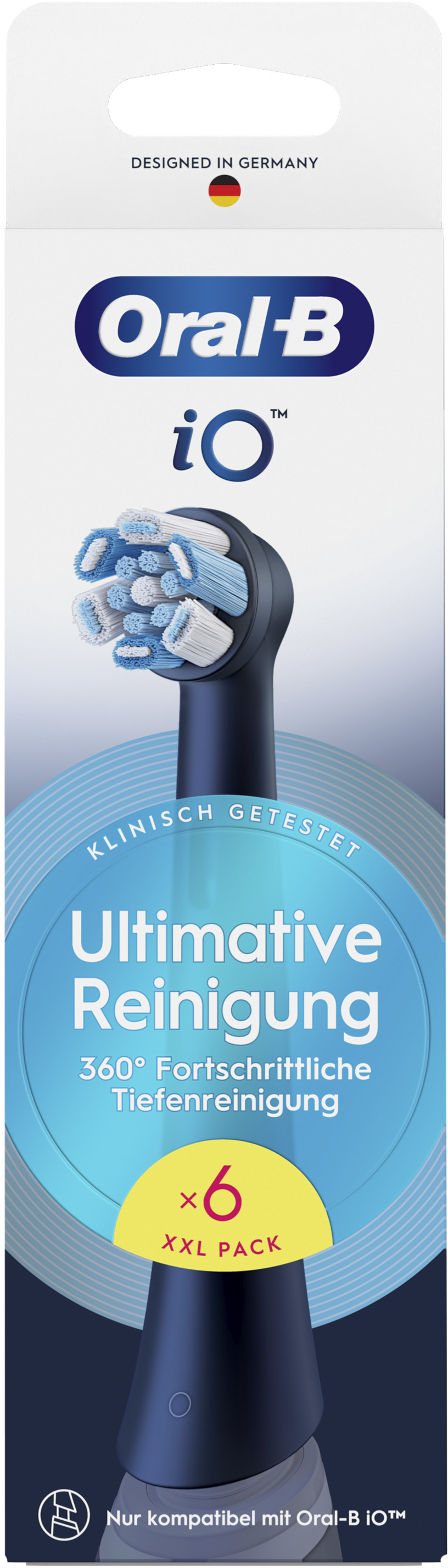 Blau-weiße Verpackung des Oral-B iO Zahnbürstenkopfes.