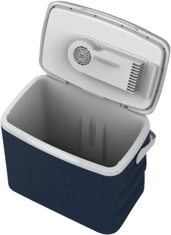 Blau-weiße Kühlbox, offen, mit Blick auf den Innenraum und einen Ventilator.