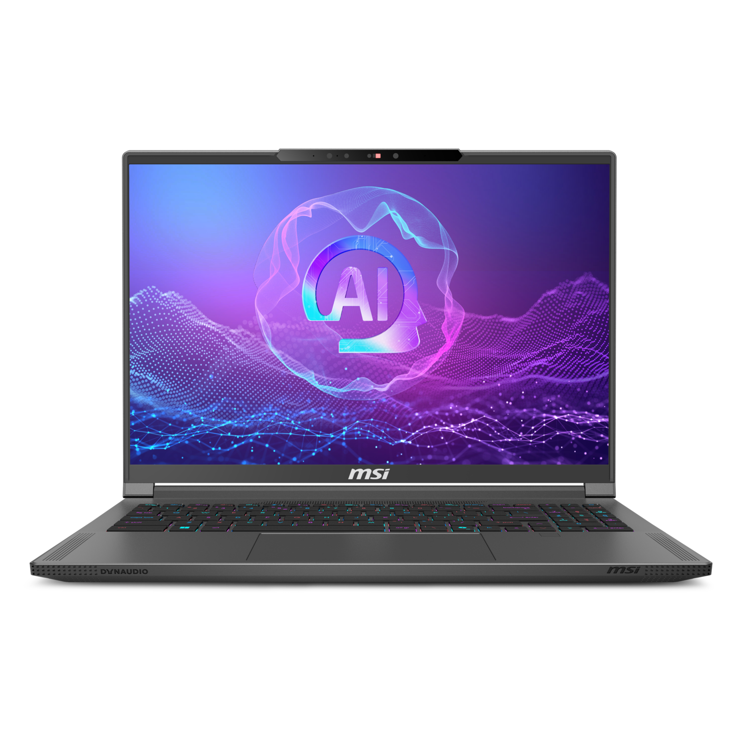 Ordinateur portable MSI ouvert, avec un logo IA sur l'écran, fond sombre, vue en angle.