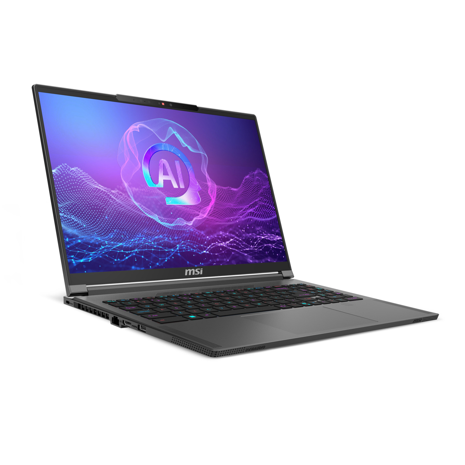 Ordinateur portable MSI, ouvert, avec un graphique IA à l'écran, corps gris foncé, clavier noir, fond blanc.