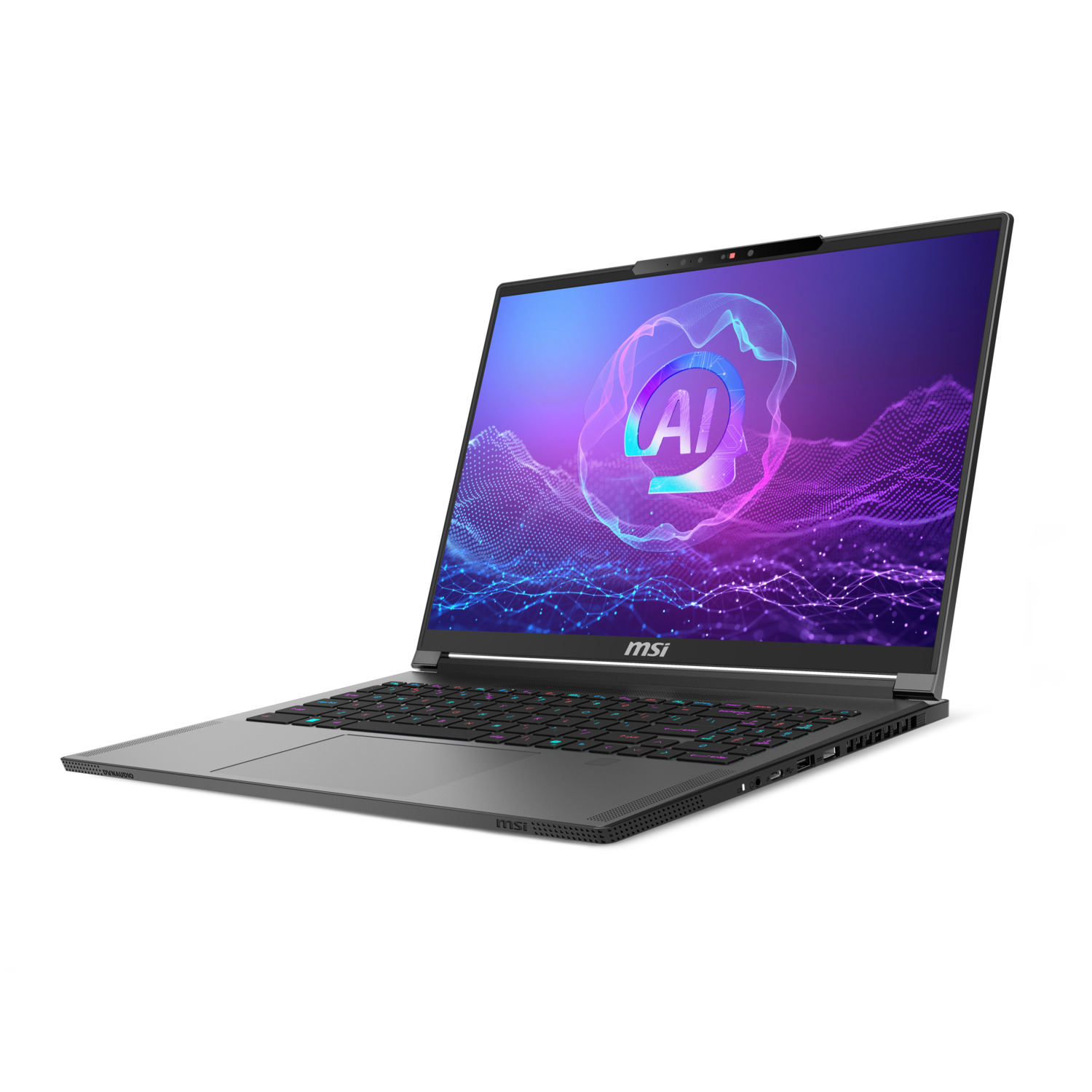 Un ordinateur portable gris avec un graphique d'IA sur l'écran. Il est posé sur une surface blanche.