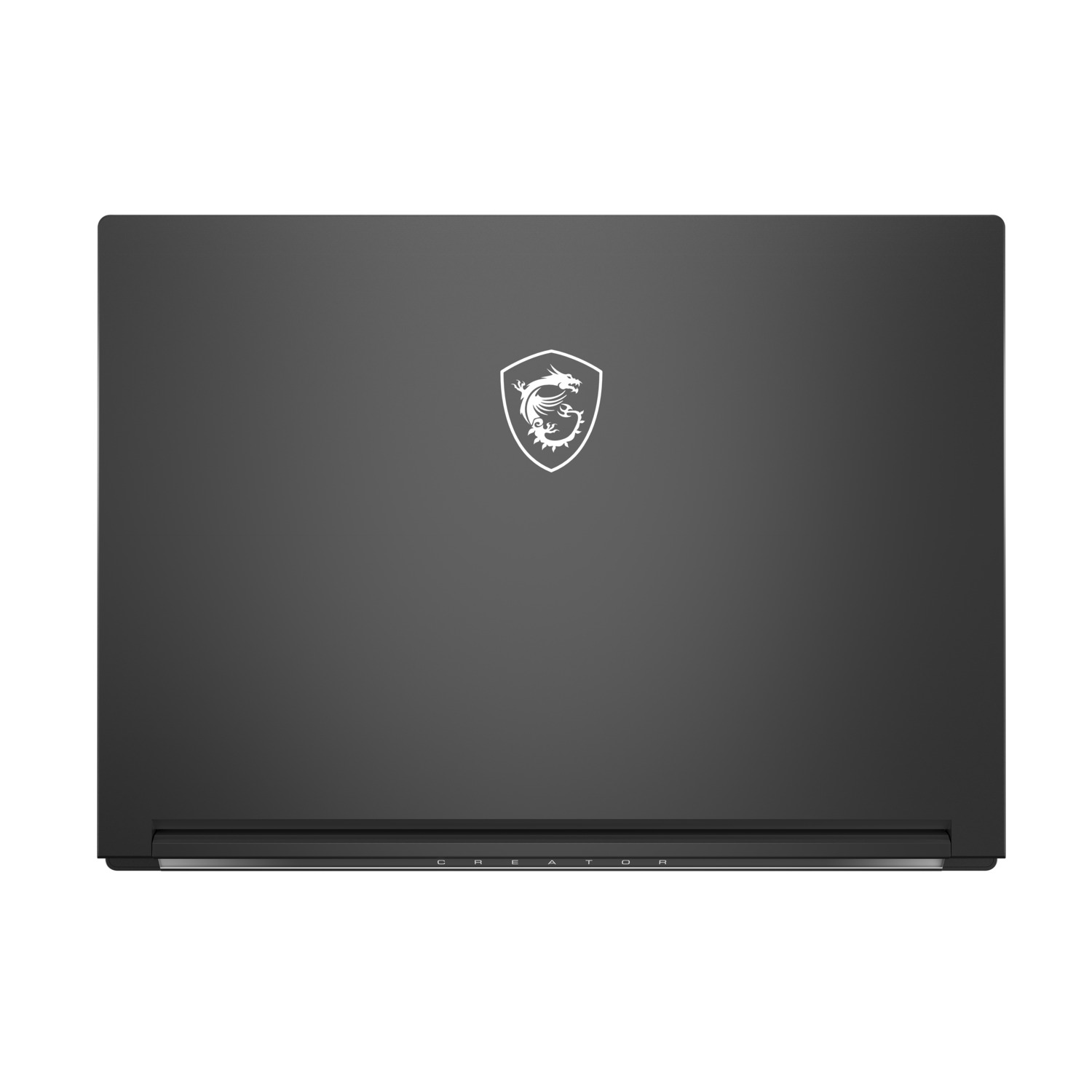 Vue de dessus de l'ordinateur portable. Corps noir avec un logo blanc sur le couvercle.