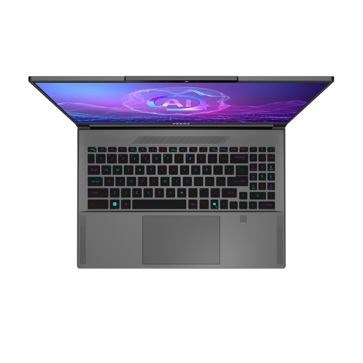 Un ordinateur portable vu de dessus avec l'écran ouvert. Le clavier a des touches colorées et l'écran affiche un design.