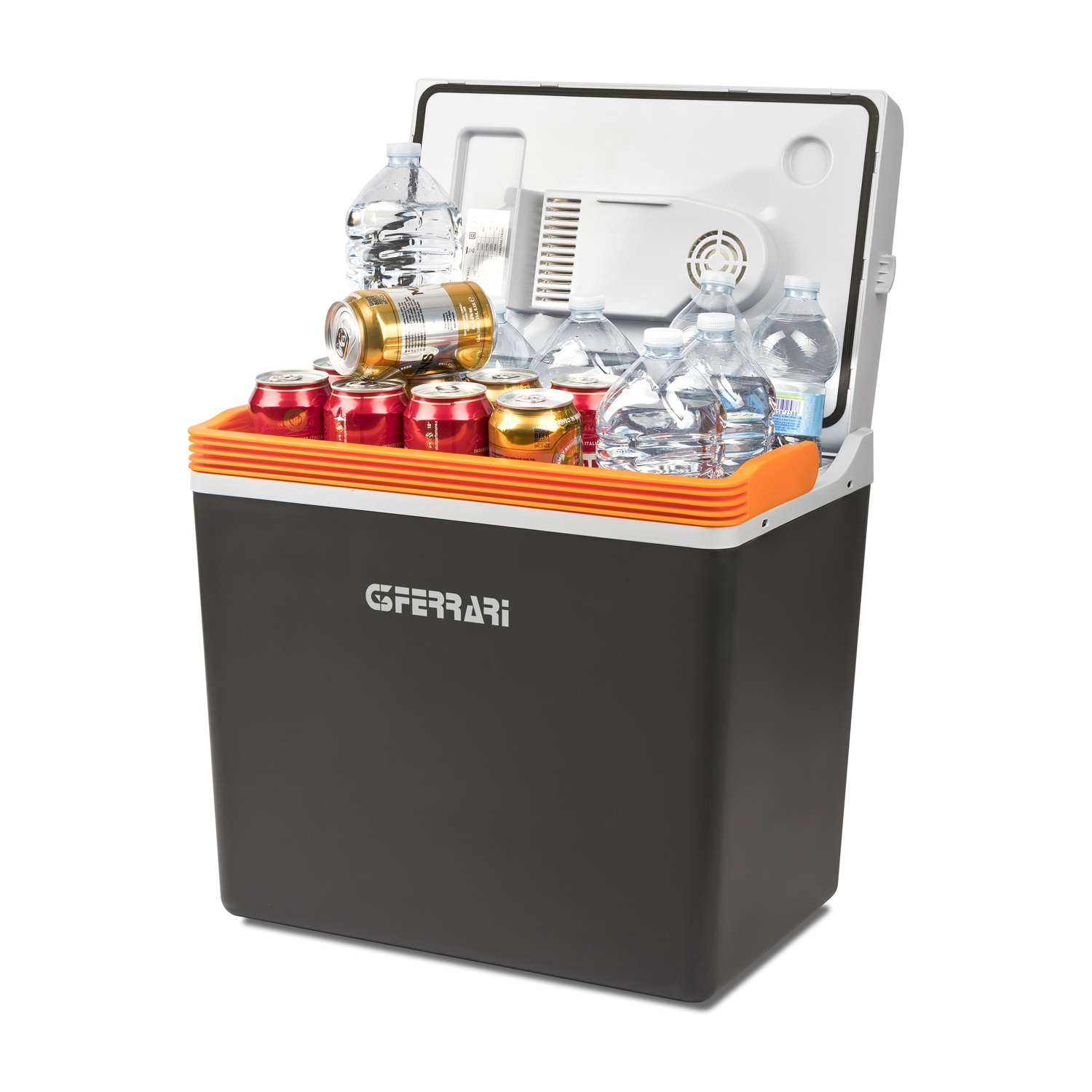 Una borsa frigo con bevande all'interno. Contiene diverse bottiglie d'acqua e lattine.
