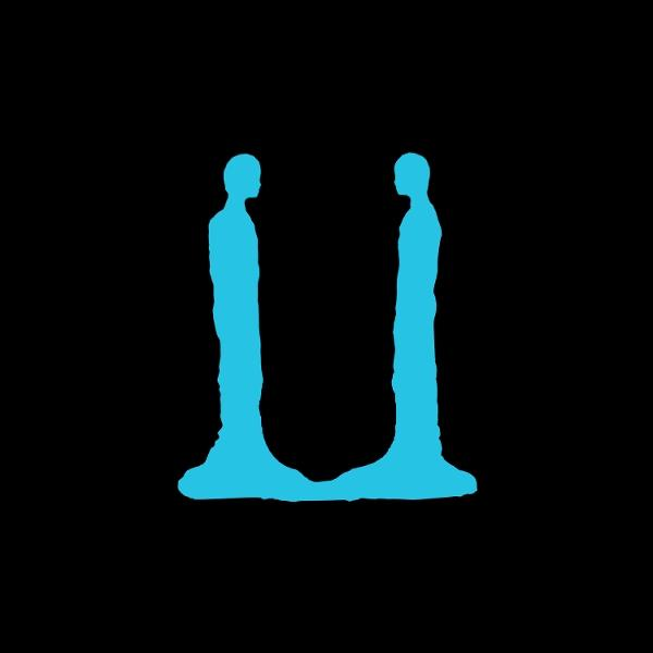 Zwei blaue Schattenfiguren, die sich gegenüberstehen und den Buchstaben 'U' vor schwarzem Hintergrund bilden.