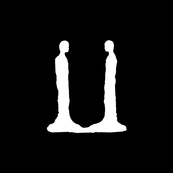 Zwei weiße humanoide Figuren auf schwarzem Hintergrund, die den Buchstaben U bilden.