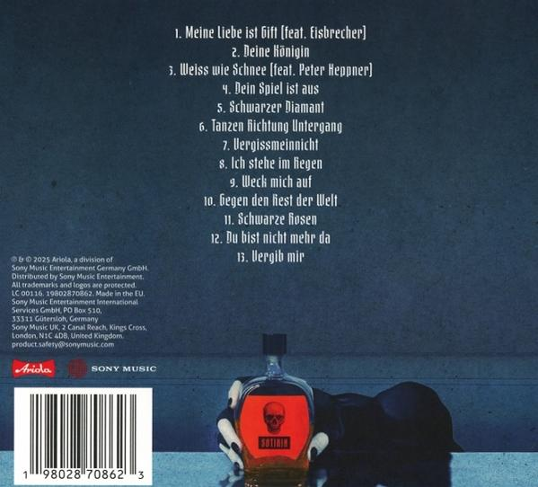 CD-Rückseite mit Songtiteln und Credits. Unten eine Flasche mit Totenkopf-Etikett.