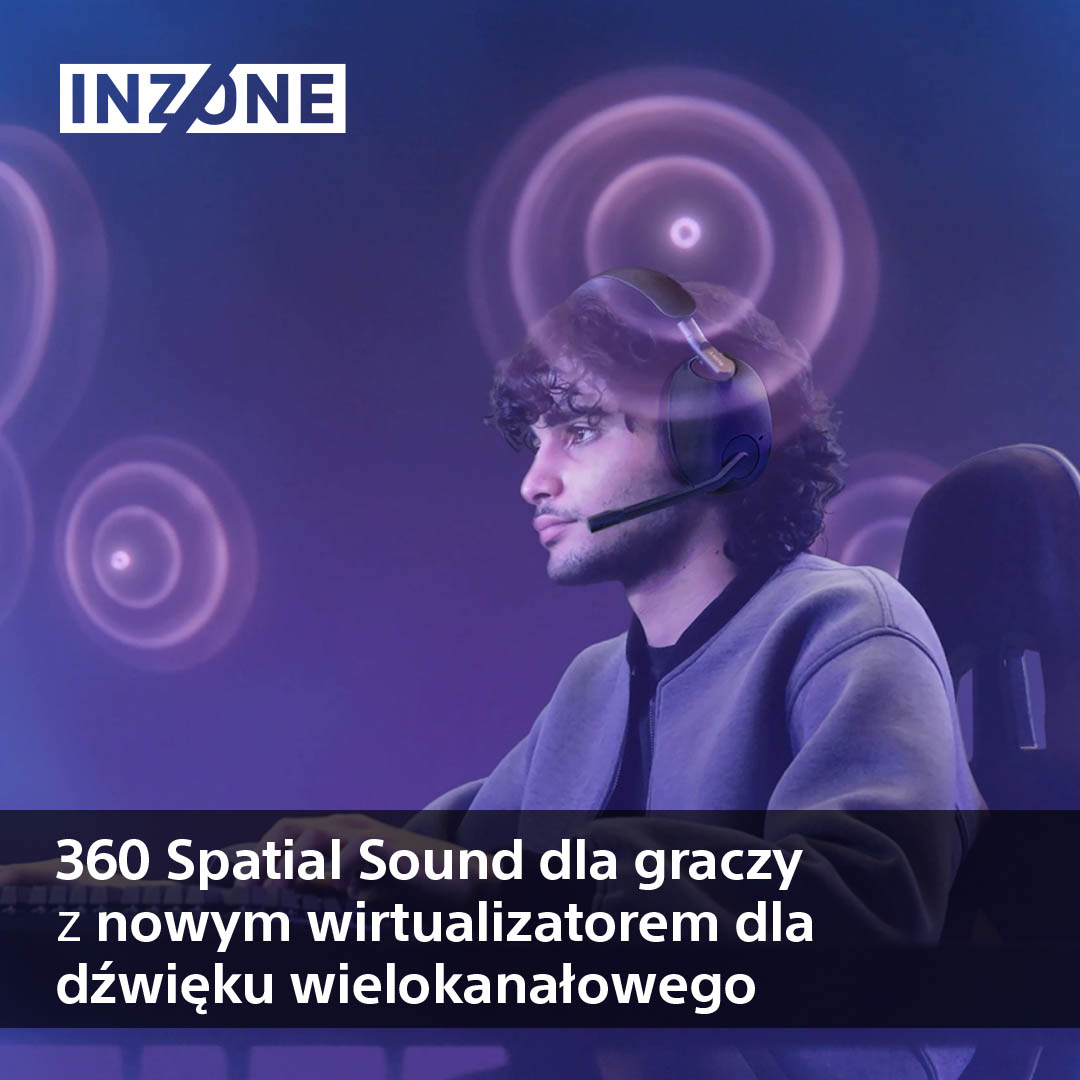 Gracz w słuchawkach, fioletowe fale dźwiękowe. Tekst: 360 Spatial Sound dla graczy.