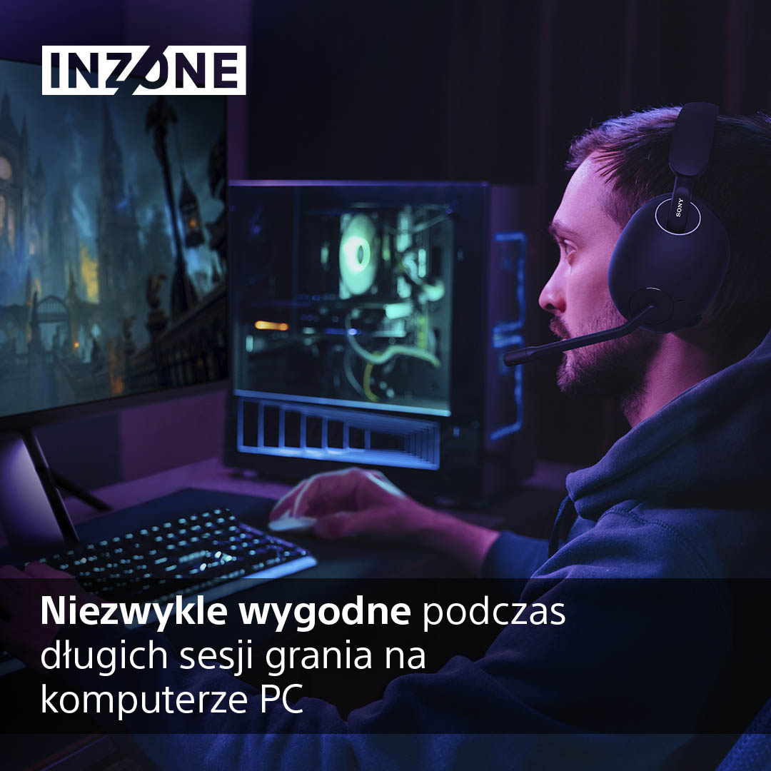 Gracz w słuchawkach, używający komputera. Tekst mówi: Niezwykle wygodny podczas długich sesji grania na PC.