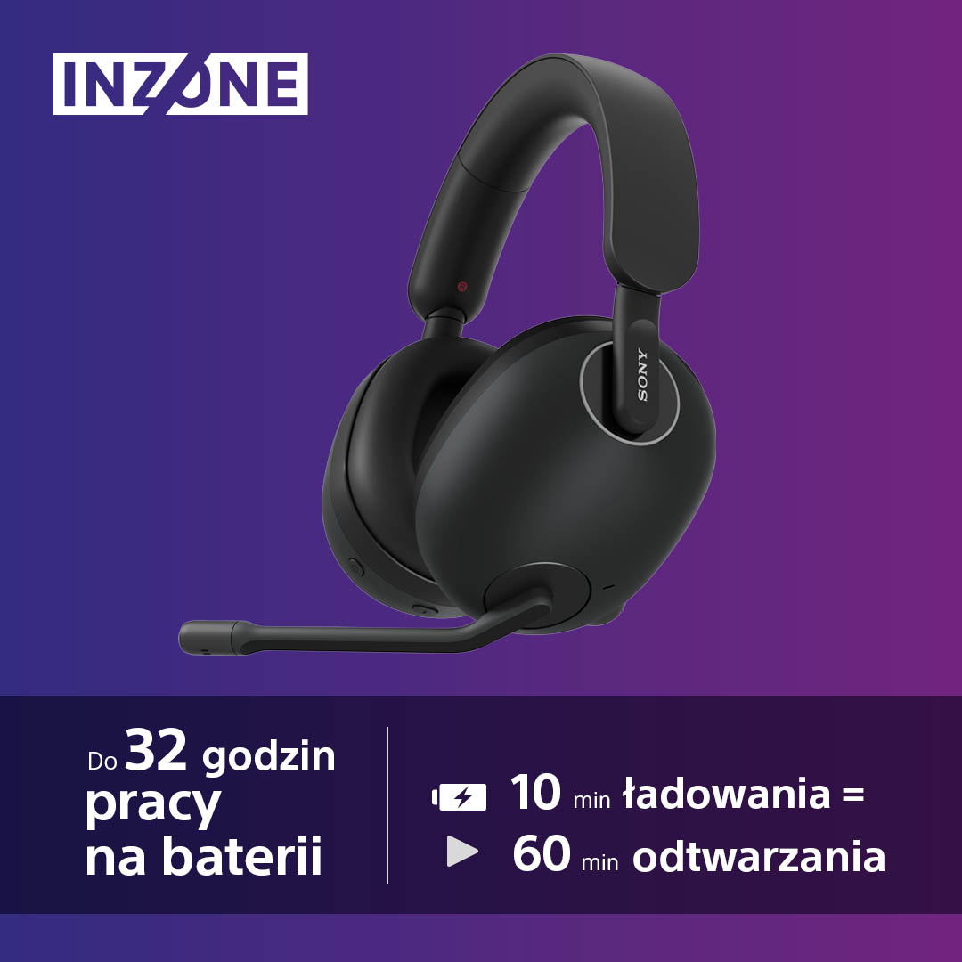 Czarne słuchawki z mikrofonem, z tekstem o żywotności baterii i szybkim ładowaniu.