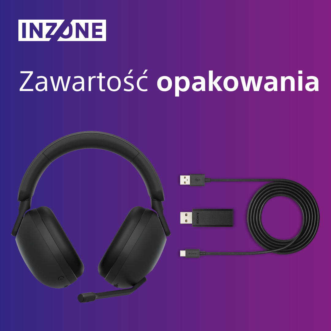 Czarny zestaw słuchawkowy dla graczy, klucz USB i kabel są ułożone na powierzchni.
