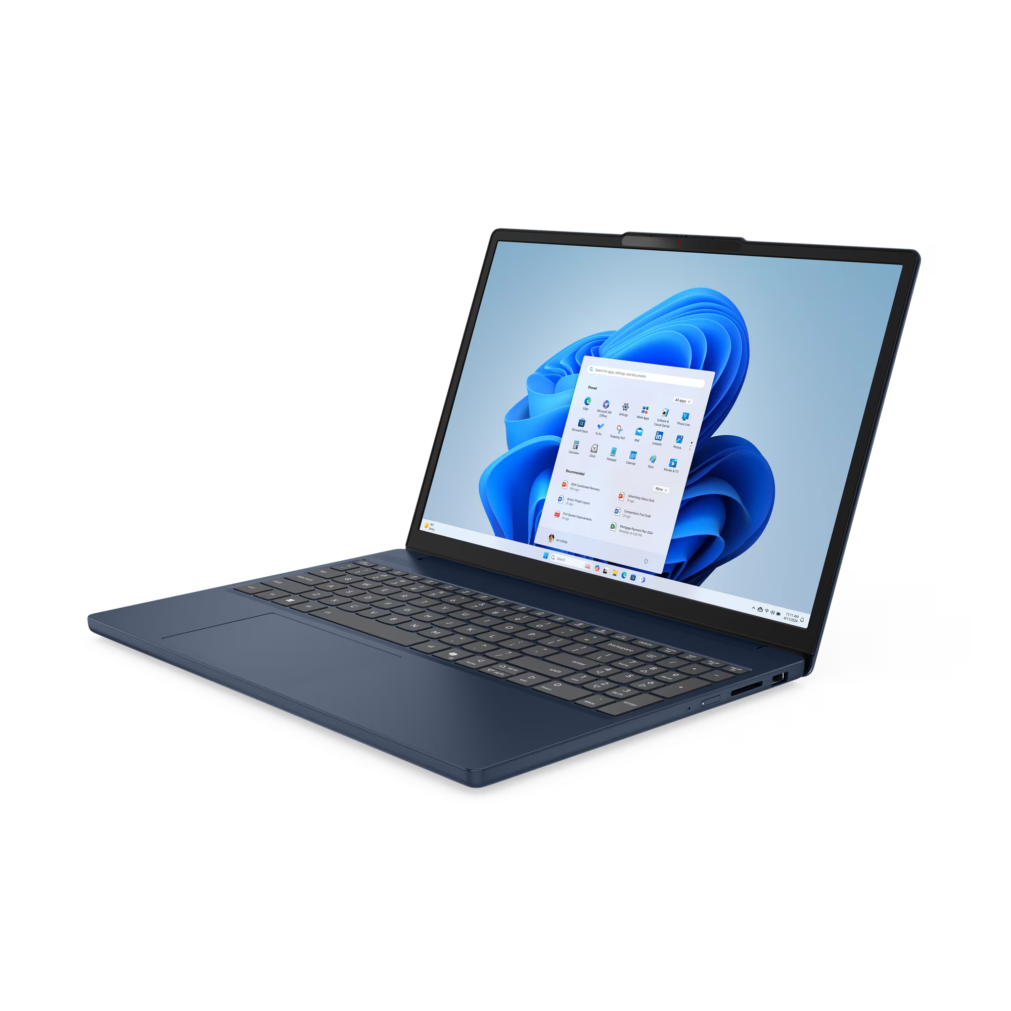 Una computadora portátil azul sobre una superficie negra. La pantalla muestra la interfaz de Windows 11.