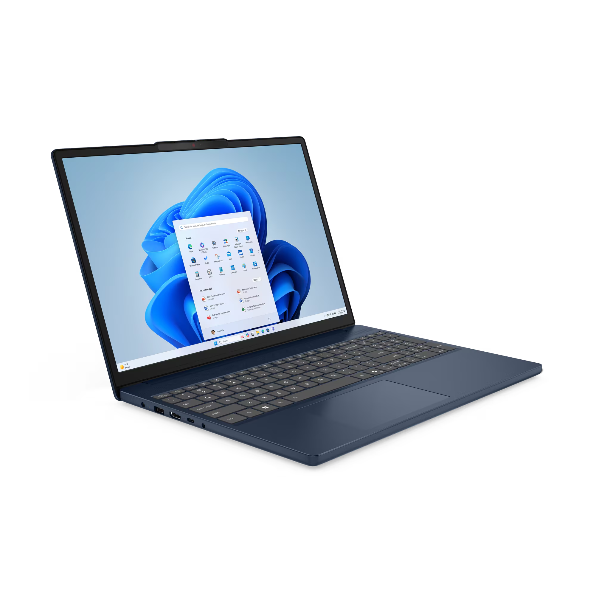 Un portátil azul con teclado y pantalla mostrando una interfaz.