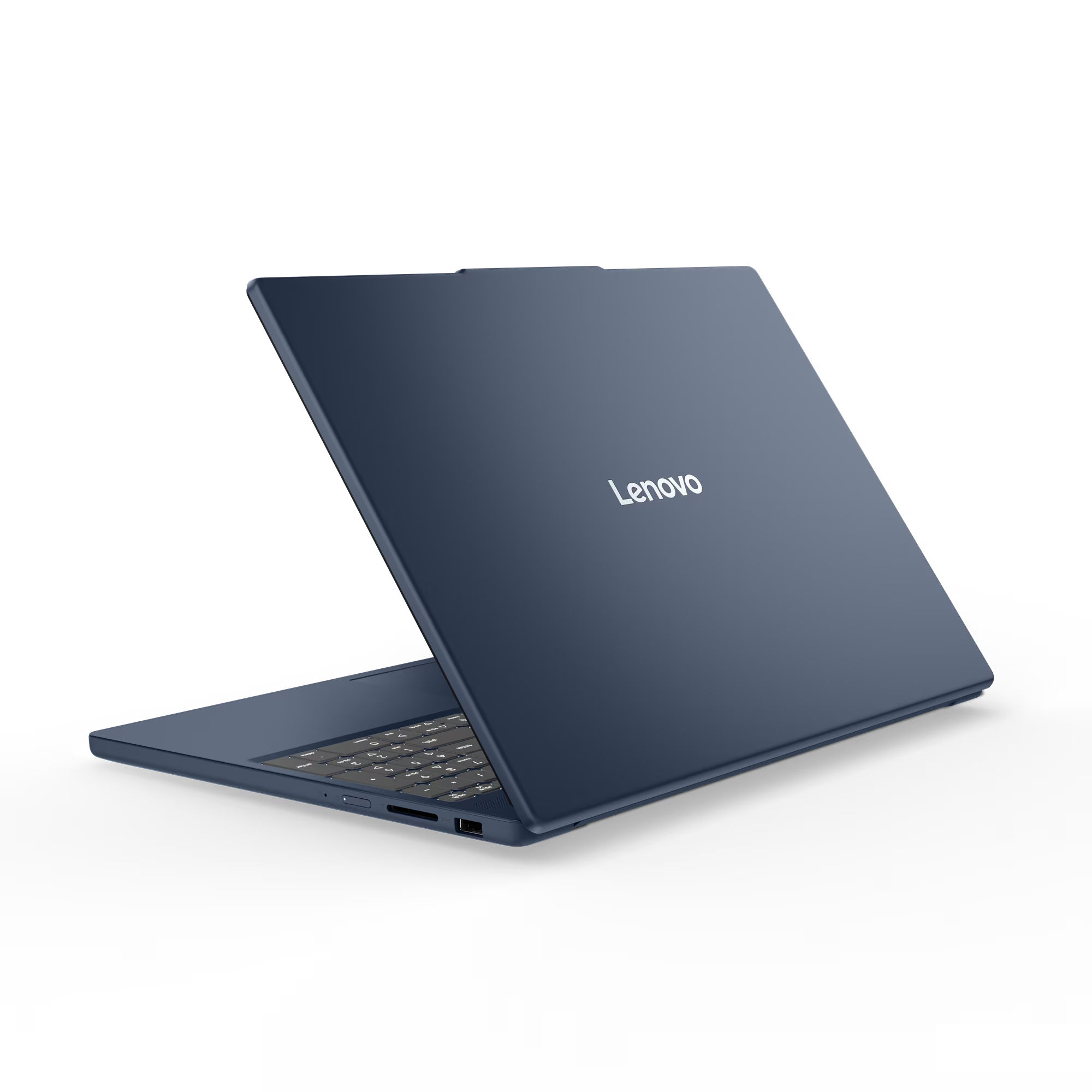 Laptop Lenovo azul, abierto, mostrando teclado, pantalla y logotipo. Fondo negro, parte trasera visible.