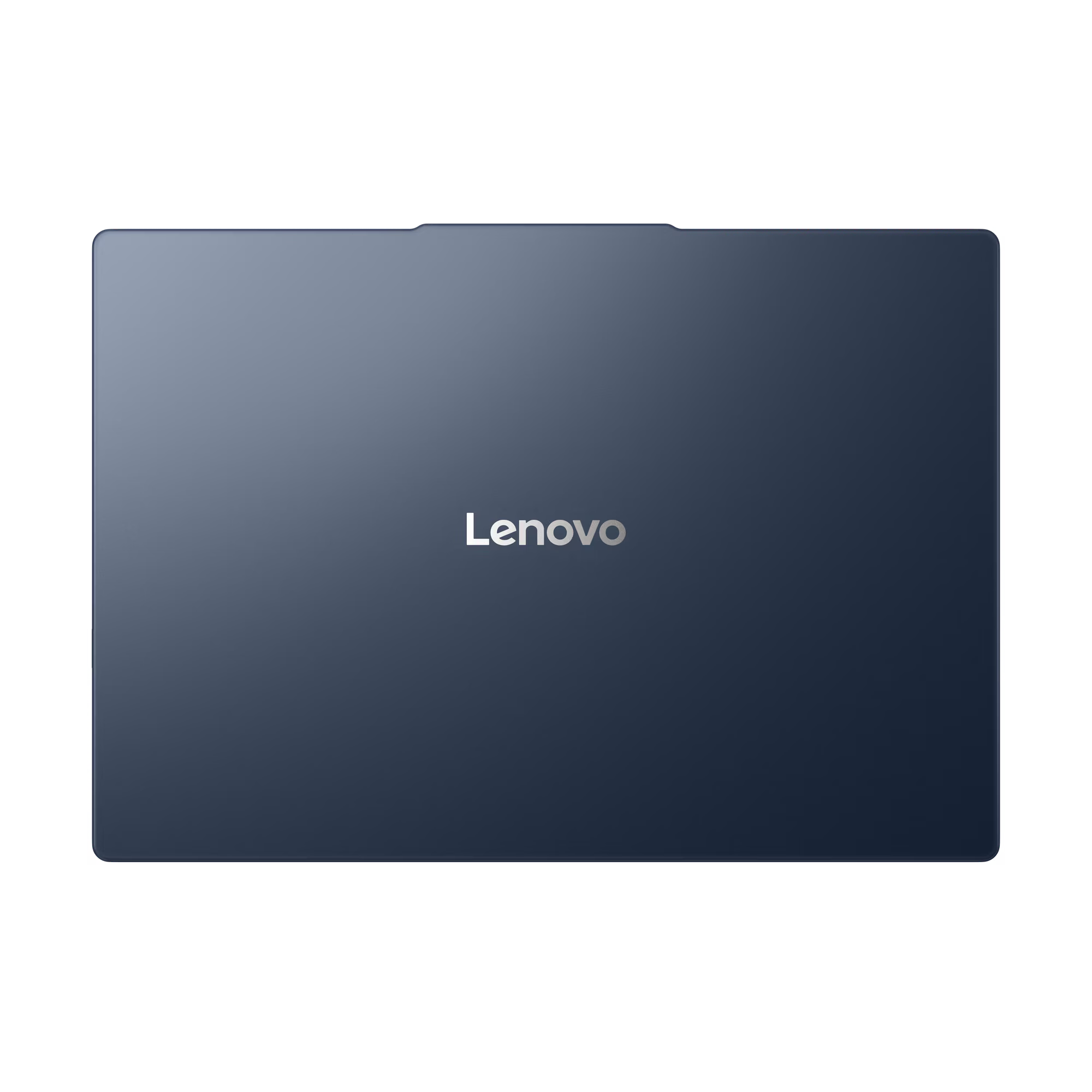 Portátil Lenovo, vista superior, cerrado. Color azul oscuro con el logotipo plateado de Lenovo en el centro.