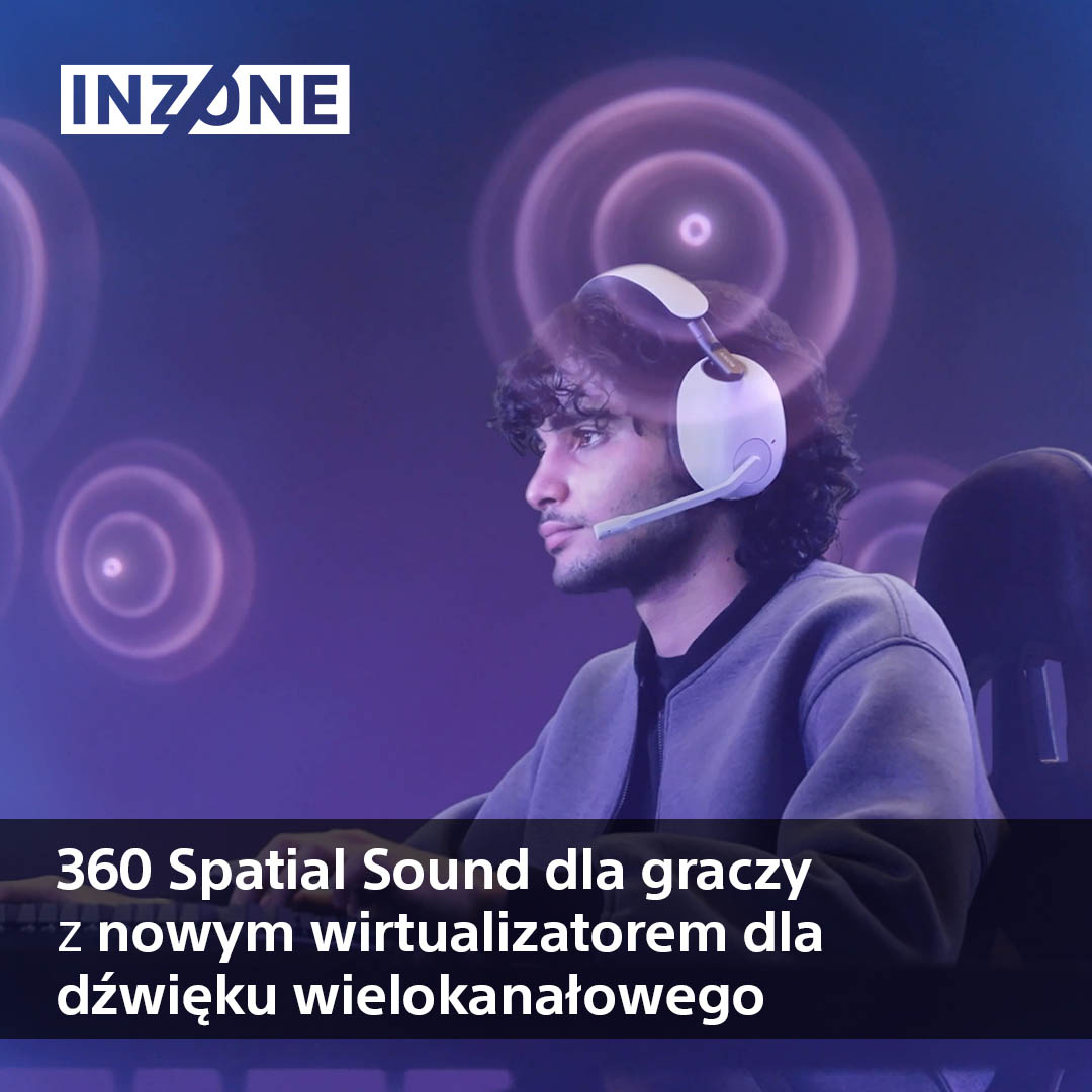 Mężczyzna w słuchawkach, grający w gry. Fioletowe efekty świetlne w tle.