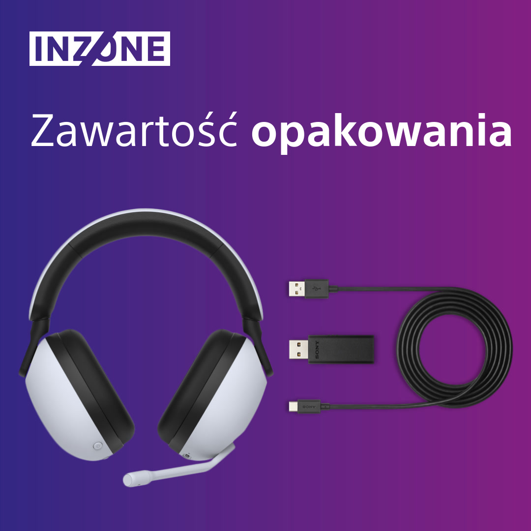 Biały zestaw słuchawkowy dla graczy z mikrofonem, kablem USB i odbiornikiem bezprzewodowym.