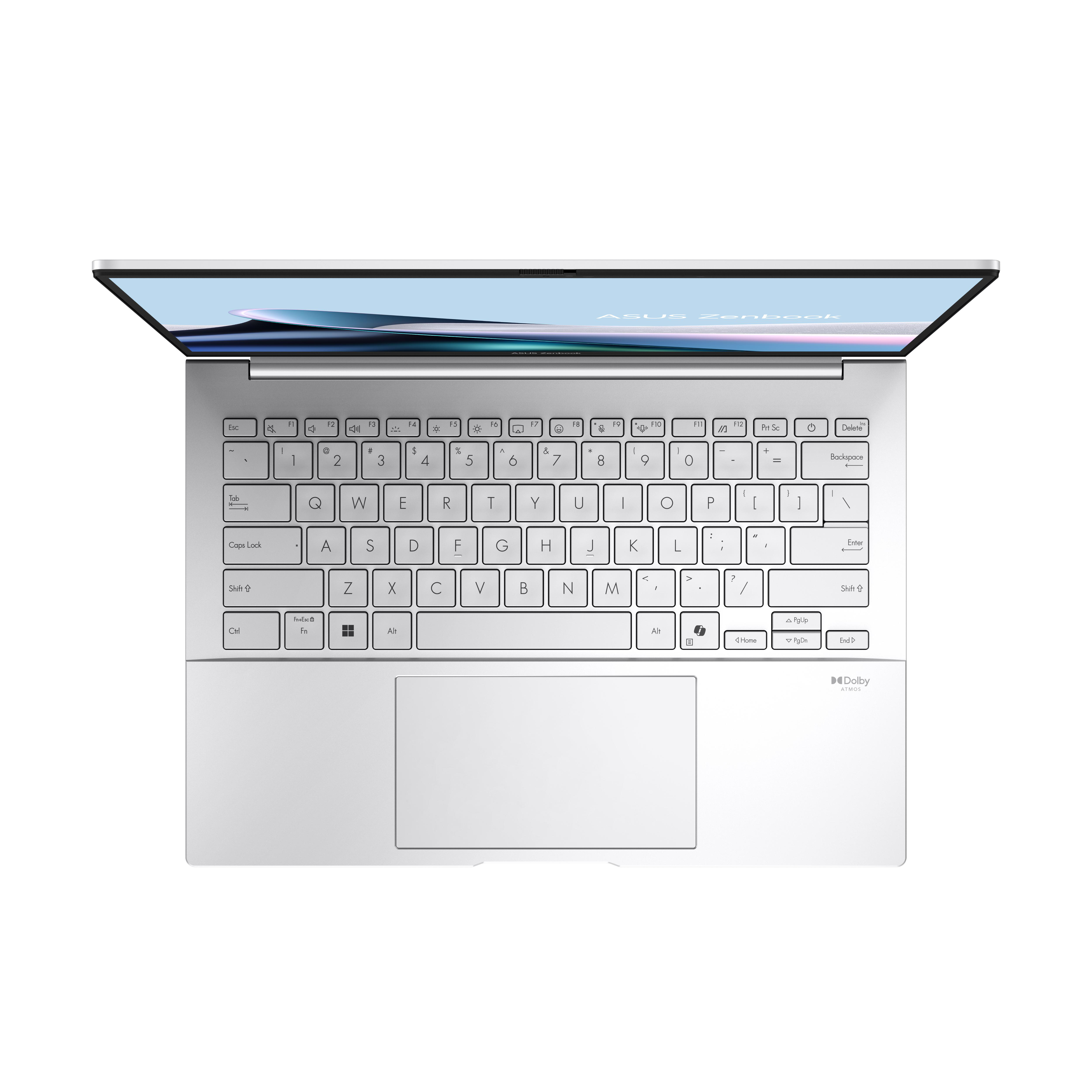 Laptop von oben, geöffnet, mit Tastatur und Bildschirm.