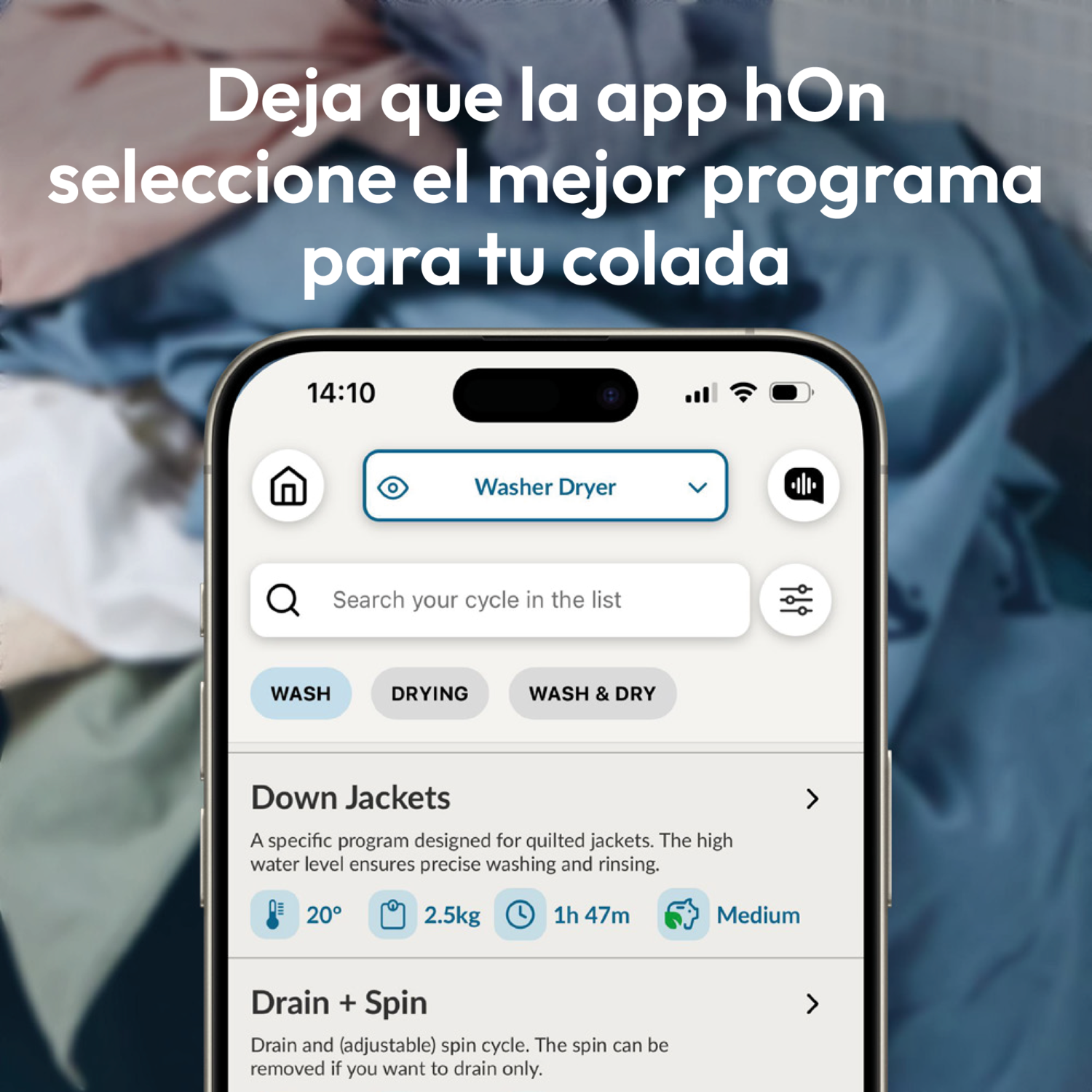 Una pantalla de teléfono que muestra la interfaz de la aplicación de una lavadora con opciones de lavado, secado y lavado y secado.