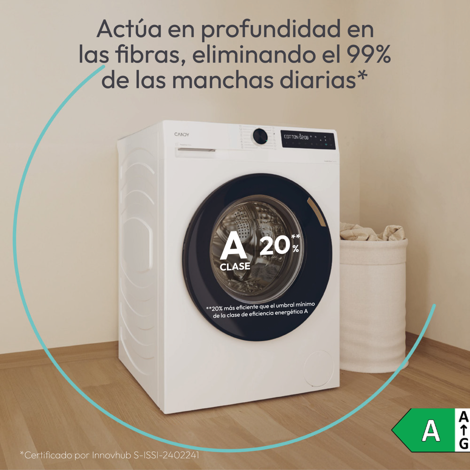Lavadora blanca con puerta negra, etiqueta de eficiencia energética, sobre blanco.