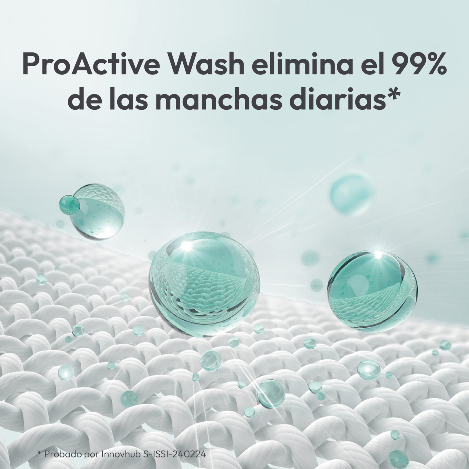 Imagen abstracta que muestra tela blanca con burbujas de agua y texto.