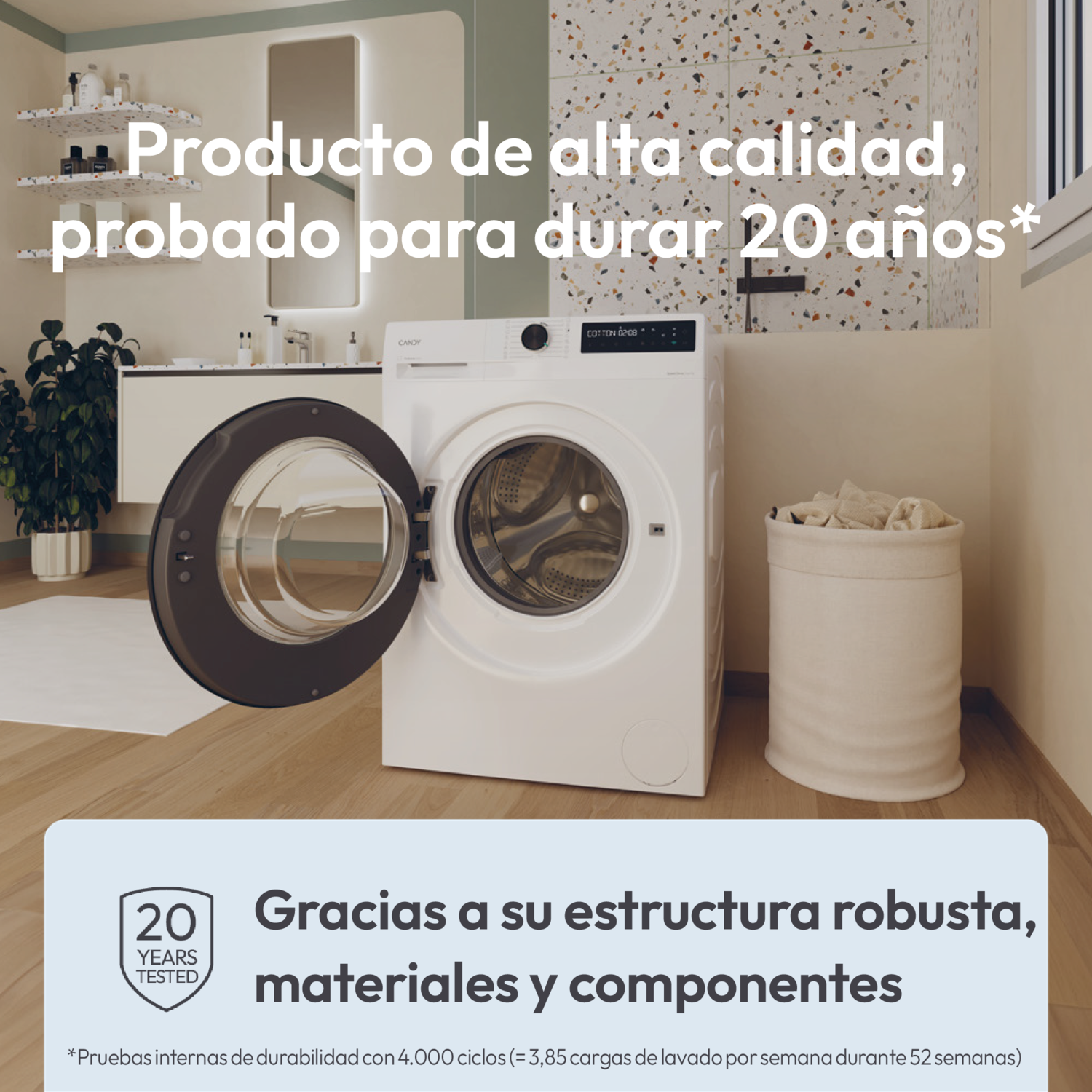 Una lavadora con la puerta abierta y un cesto de la ropa sucia al lado.