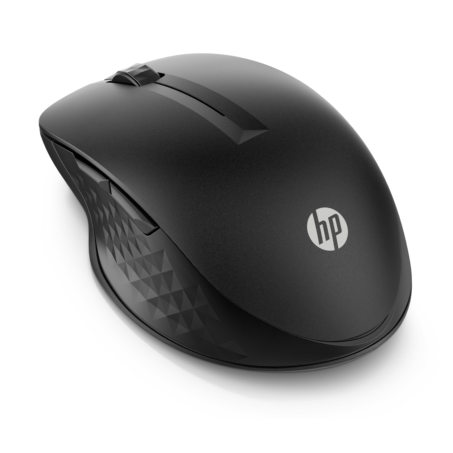 Zwarte HP-muis op een wit oppervlak. De muis heeft een scrollwiel en het HP-logo.