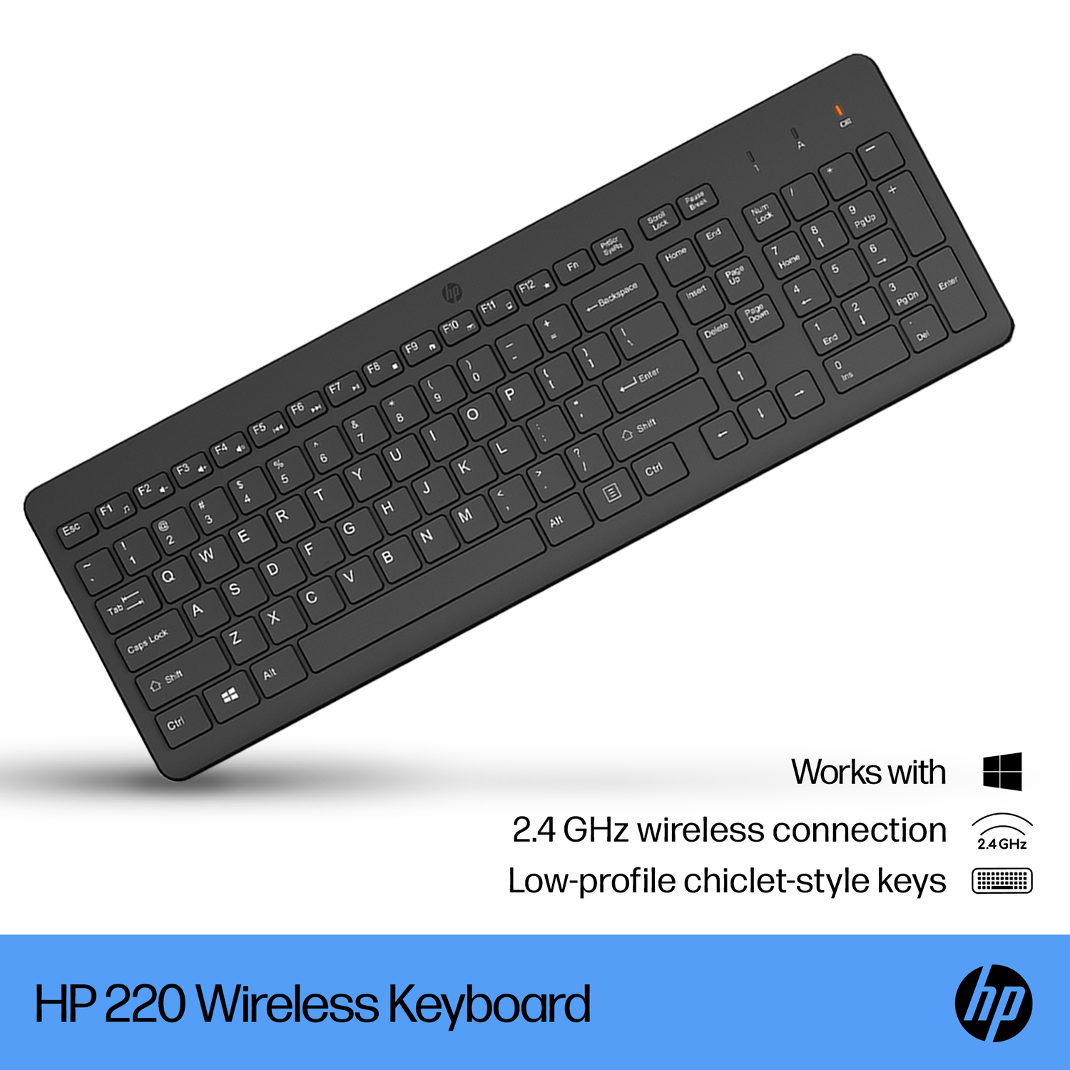 A black keyboard with white keys and a numpad, angled view.