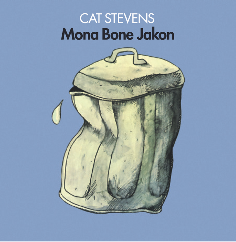 Album borító egy összenyomott szemeteskuka könnycseppel. Kék háttér, Cat Stevens.