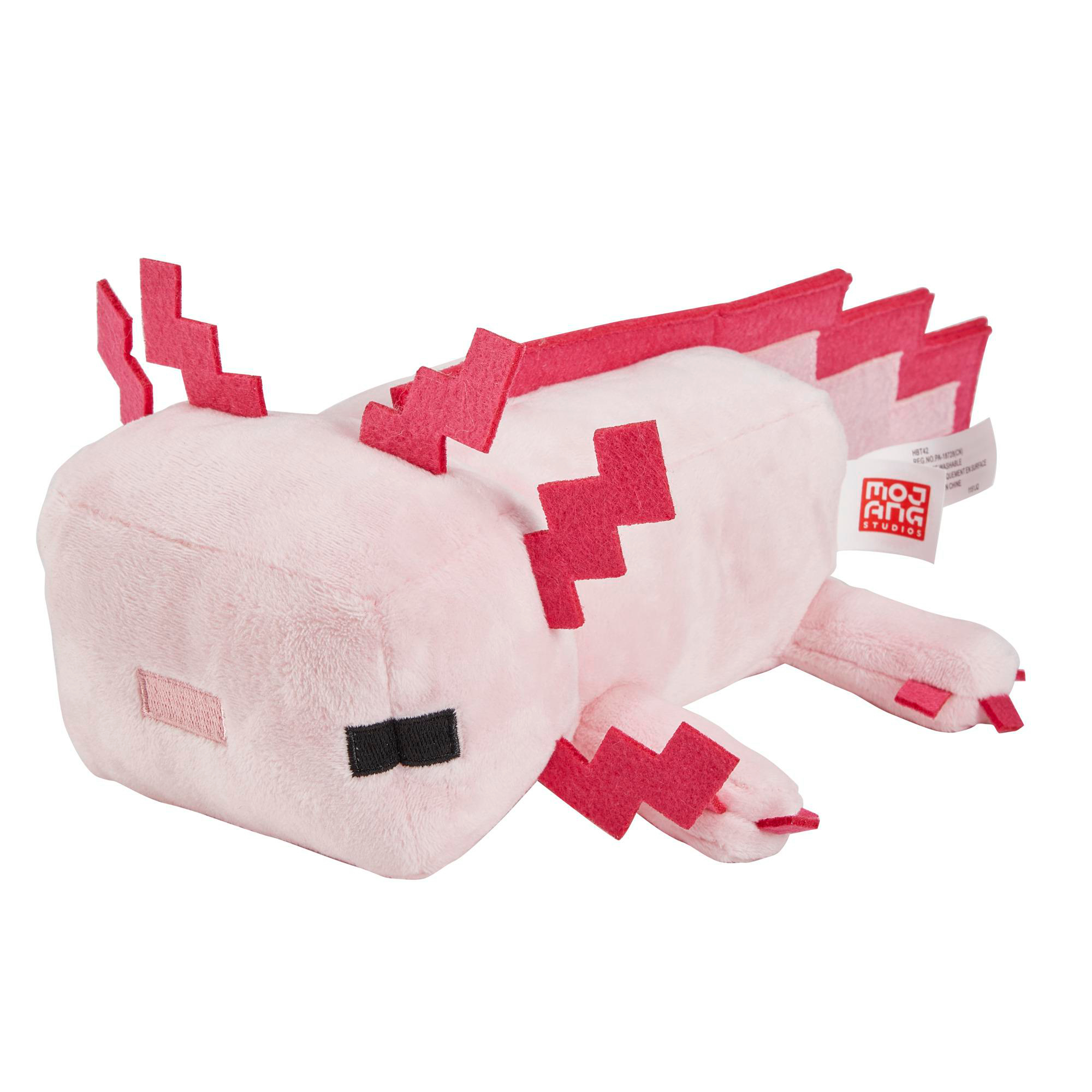 Axolotl-Plüschtier, rosa, liegend, weißer Hintergrund, rote Kiemen.