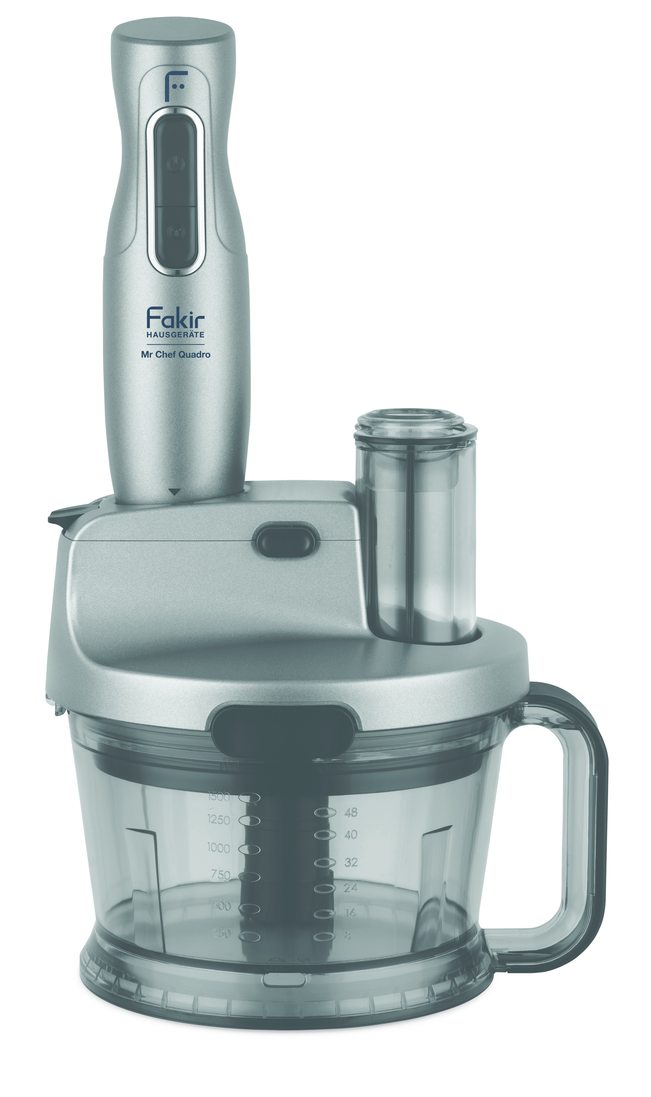 Gümüş Fakir Mr. Chef Quadro mutfak robotu, üstte blender aparatı ile.