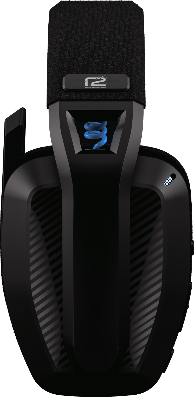 Ein schwarzes Gaming-Headset mit Mikrofon, aus der Vogelperspektive.