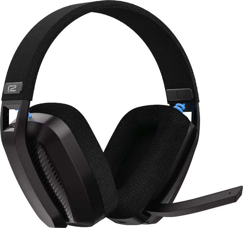 Schwarzes und blaues Gaming-Headset mit Mikrofon.