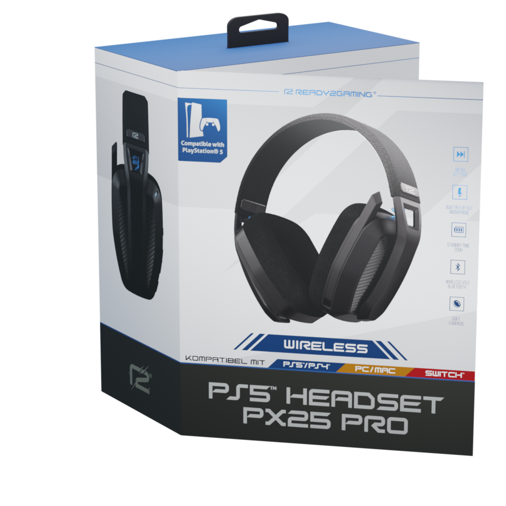 Verpacktes schwarzes PS5-Headset. Die Box hat ein Headset-Bild und ist mit Playstation 5 kompatibel.
