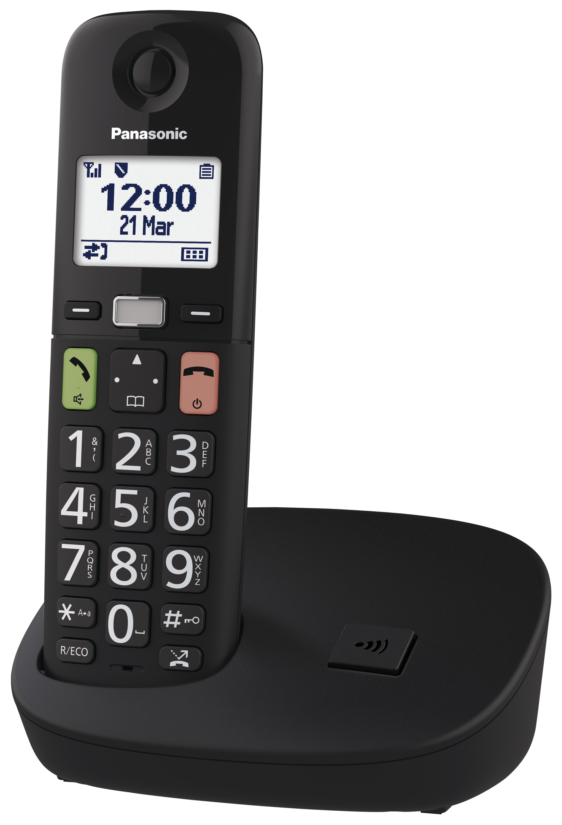 Fekete vezeték nélküli telefon, a kijelzőn az idő és a dátum látható, a kézibeszélőn és egy töltőbázison.