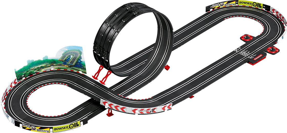 Spielzeug-Rennstrecke: Schwarze Strecke mit Loop und Achter. Rote und gelbe Details.