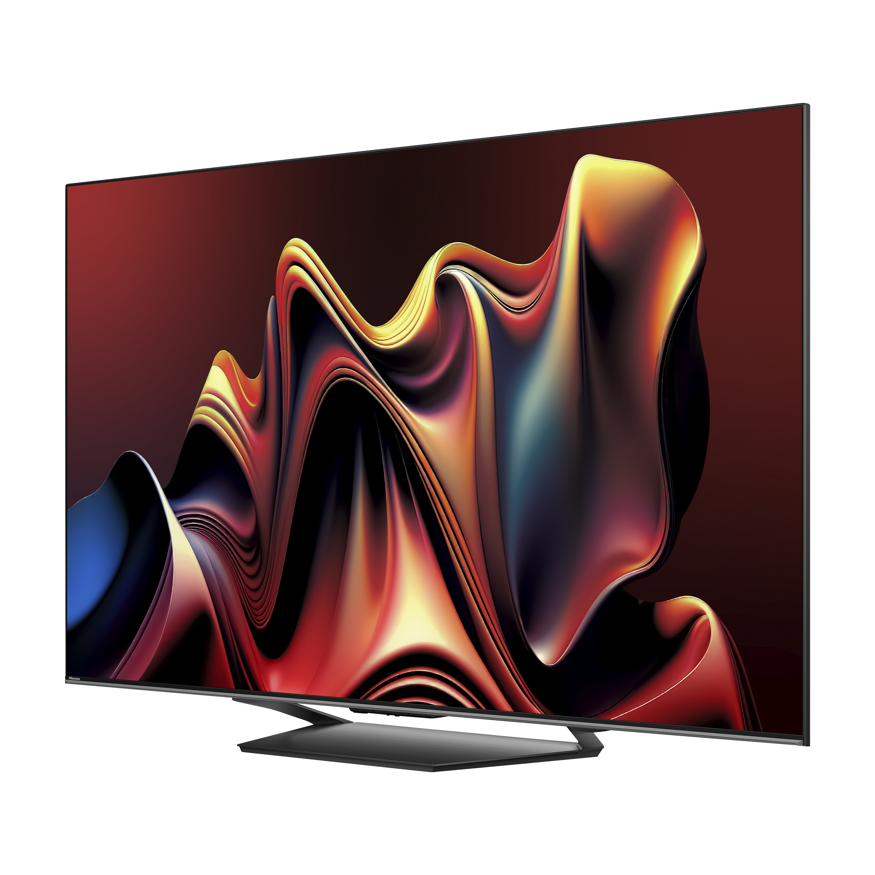 Ein großer Fernseher mit gebogenem Bildschirm, dunklem Hintergrund und silbernem Standfuß.
