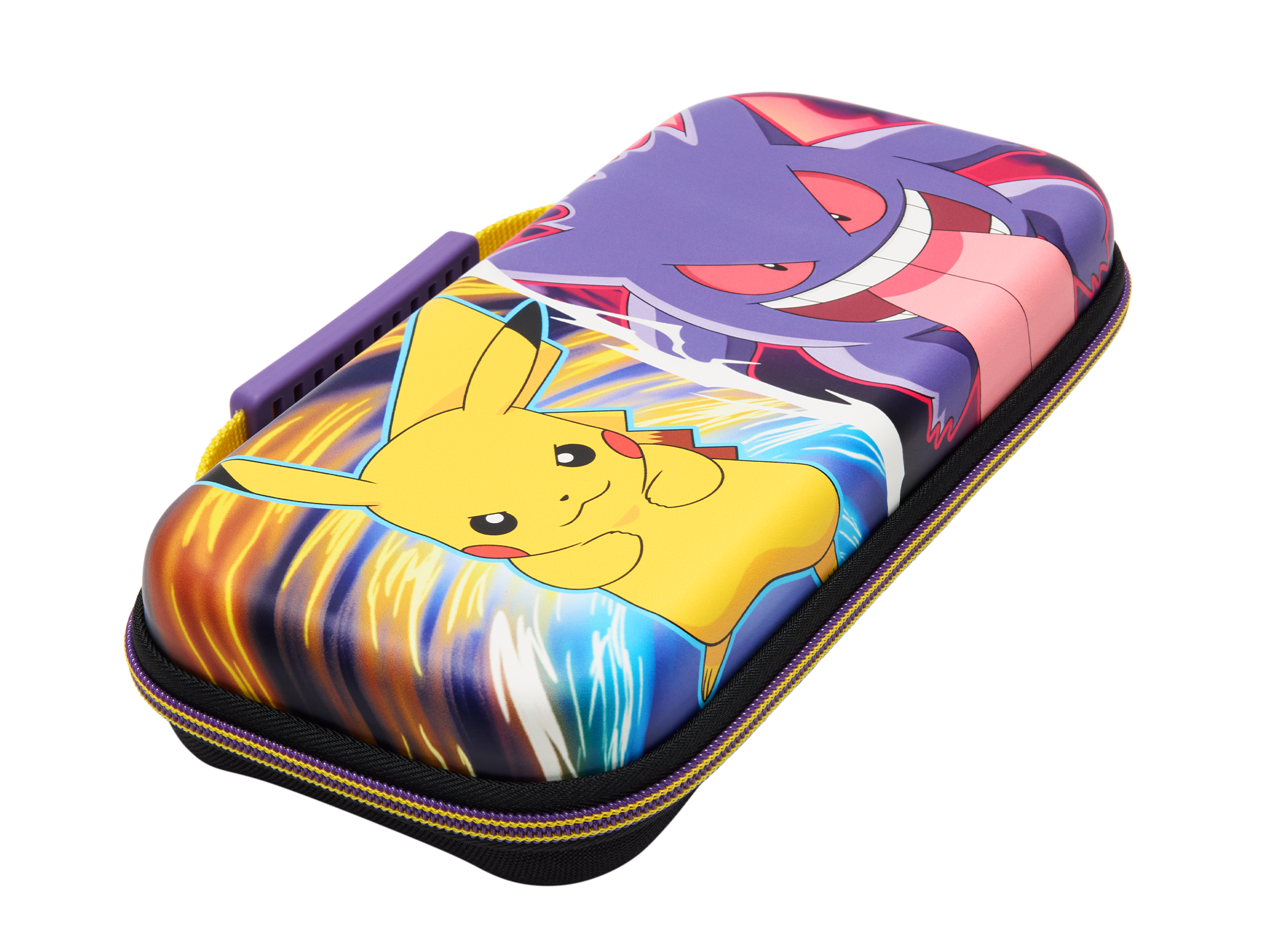 Eine Nintendo Switch-Hülle mit Pikachu- und Gengar-Grafiken. Die Hülle ist geschlossen und zeigt einen Reißverschluss und einen Griff.