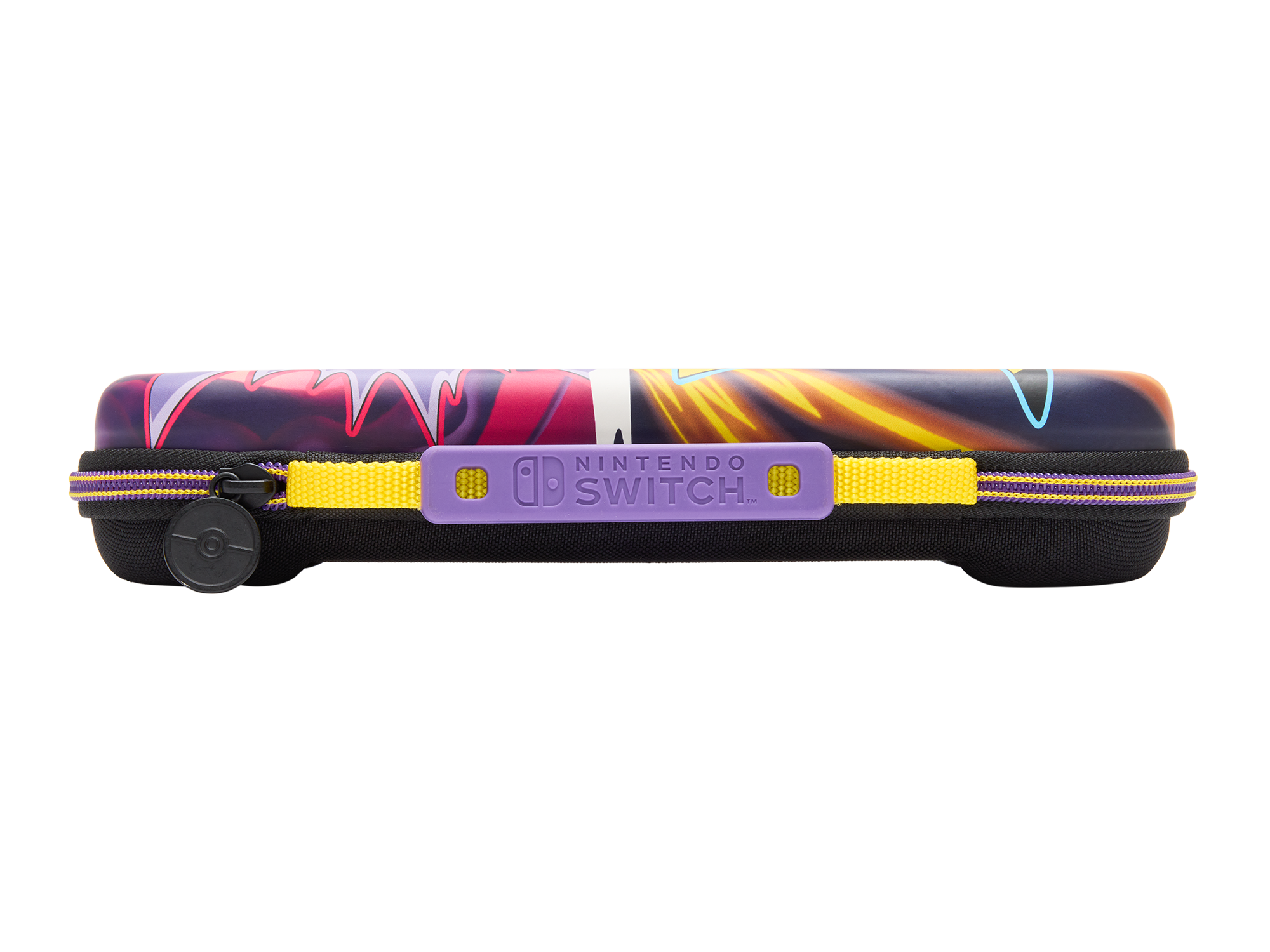 Ein geschlossenes, schwarz-lila Nintendo Switch Lite Case mit gelbem Griff.