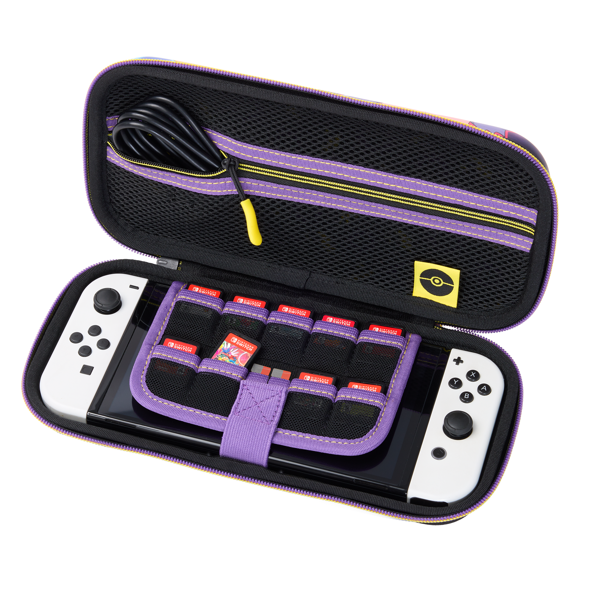 Geöffnete Hülle mit einer Nintendo Switch und Spielen darin. Die Hülle ist lila und schwarz.