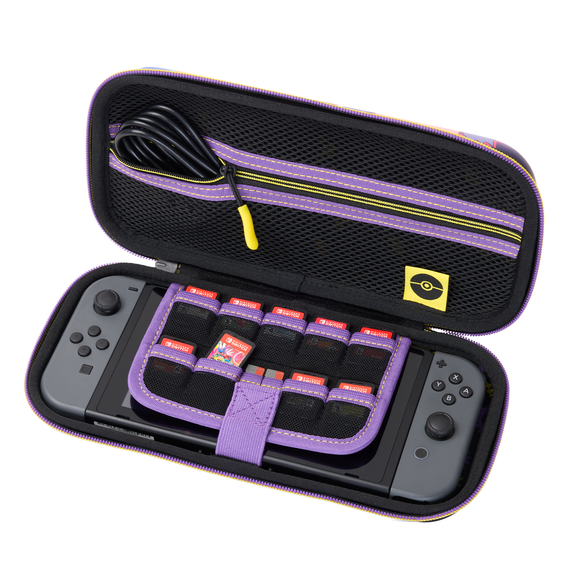 Geöffnete Hülle mit Nintendo Switch, Spielen und Ladegerät. Lila und schwarze Farben.
